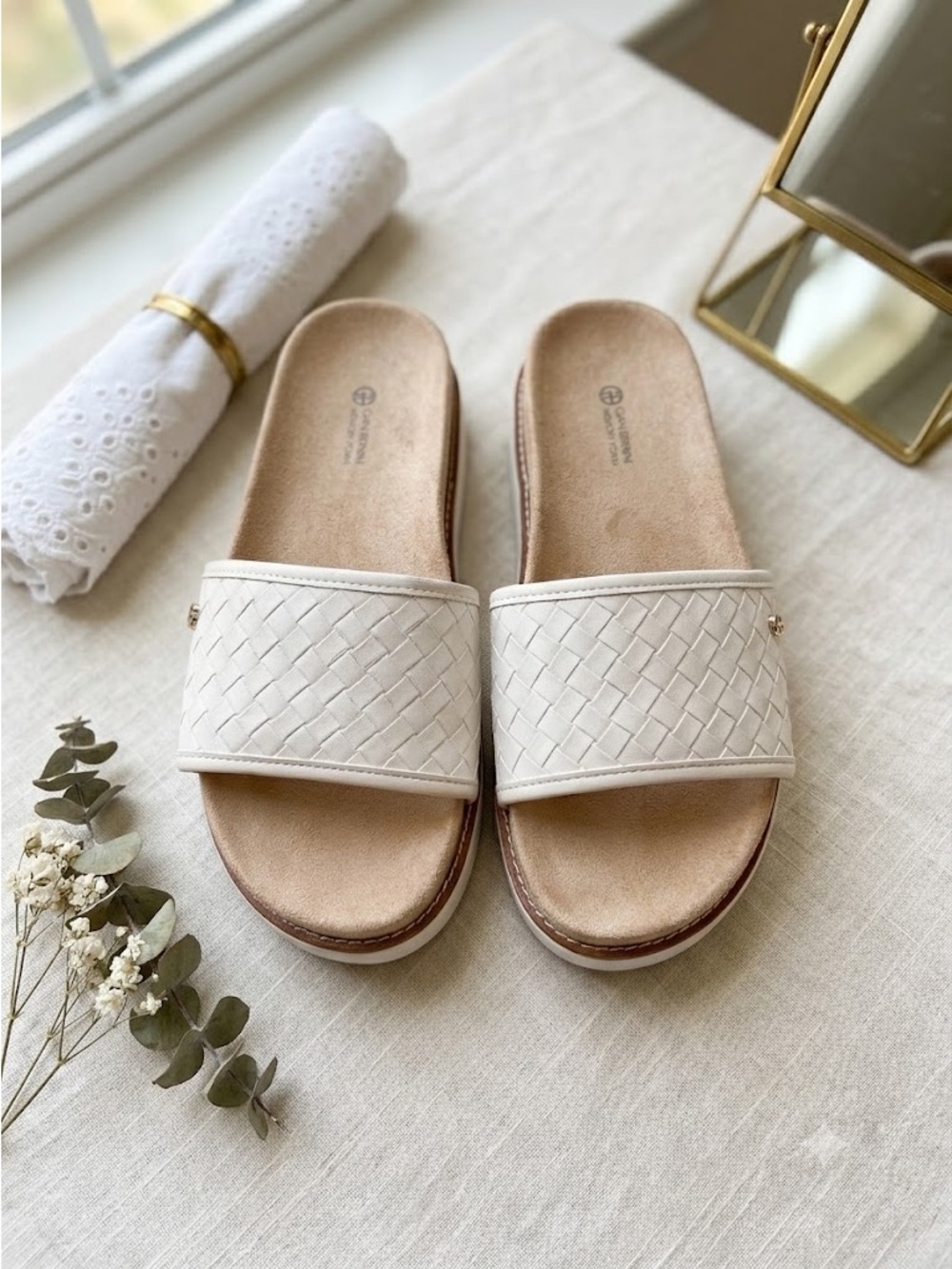 Woven Slip-On Slide Sandals in Cream by